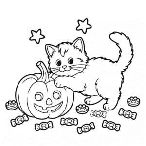 Målarbild Katt och Halloweenpumpa