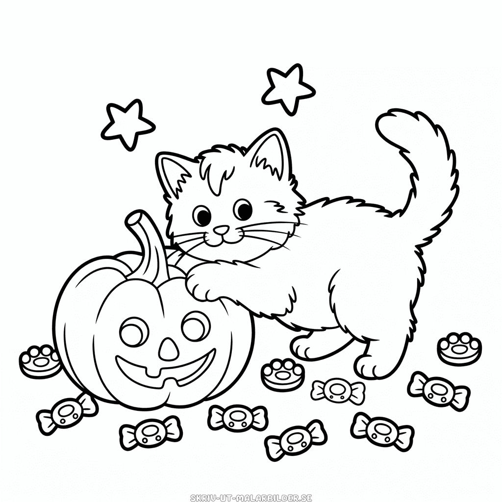 Målarbild Katt och Halloweenpumpa