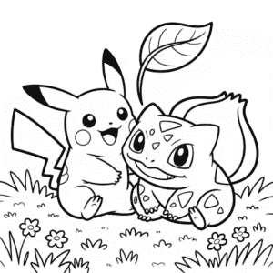 Målarbild Pikachu och Bulbasaur Pokémons