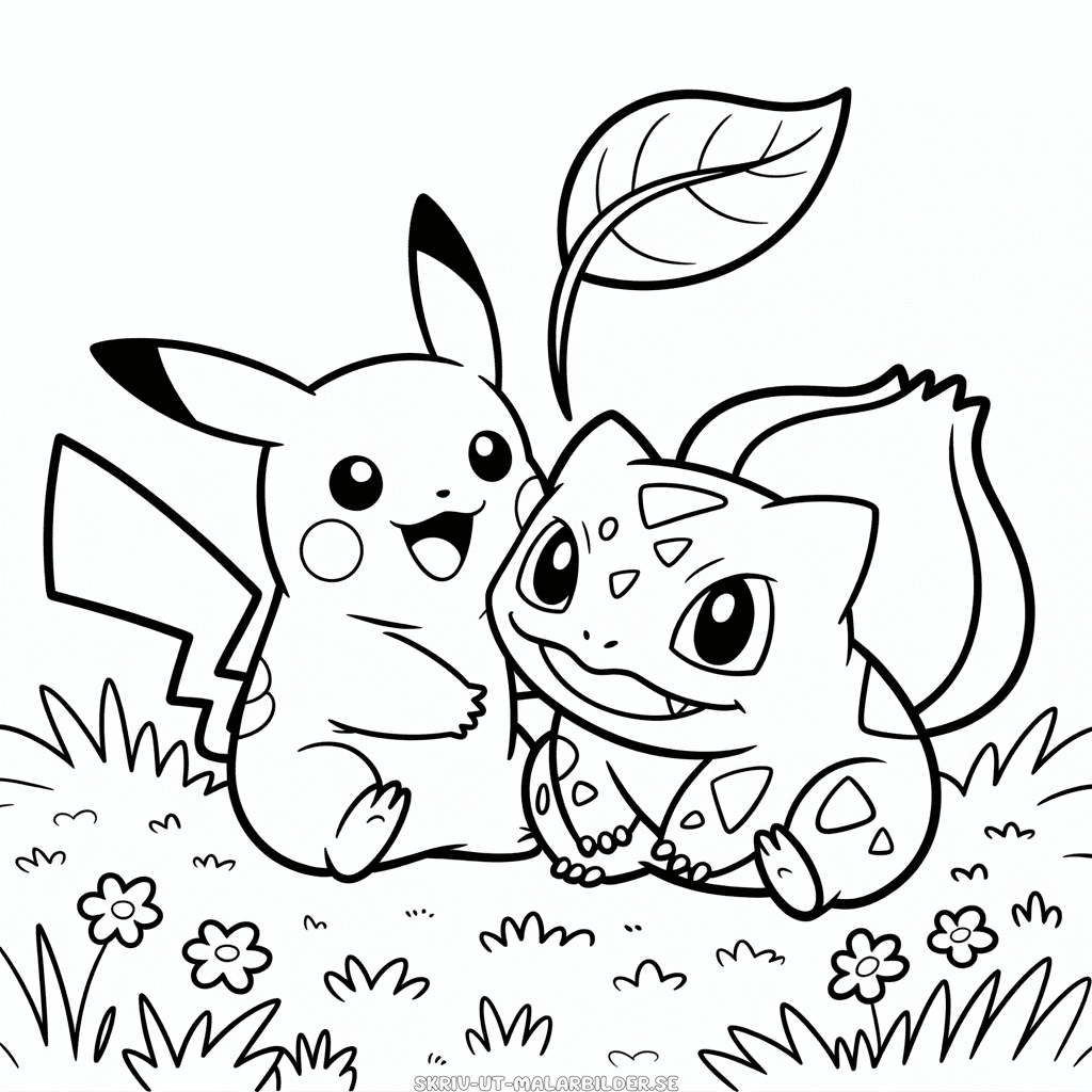 Målarbild Pikachu och Bulbasaur Pokémons